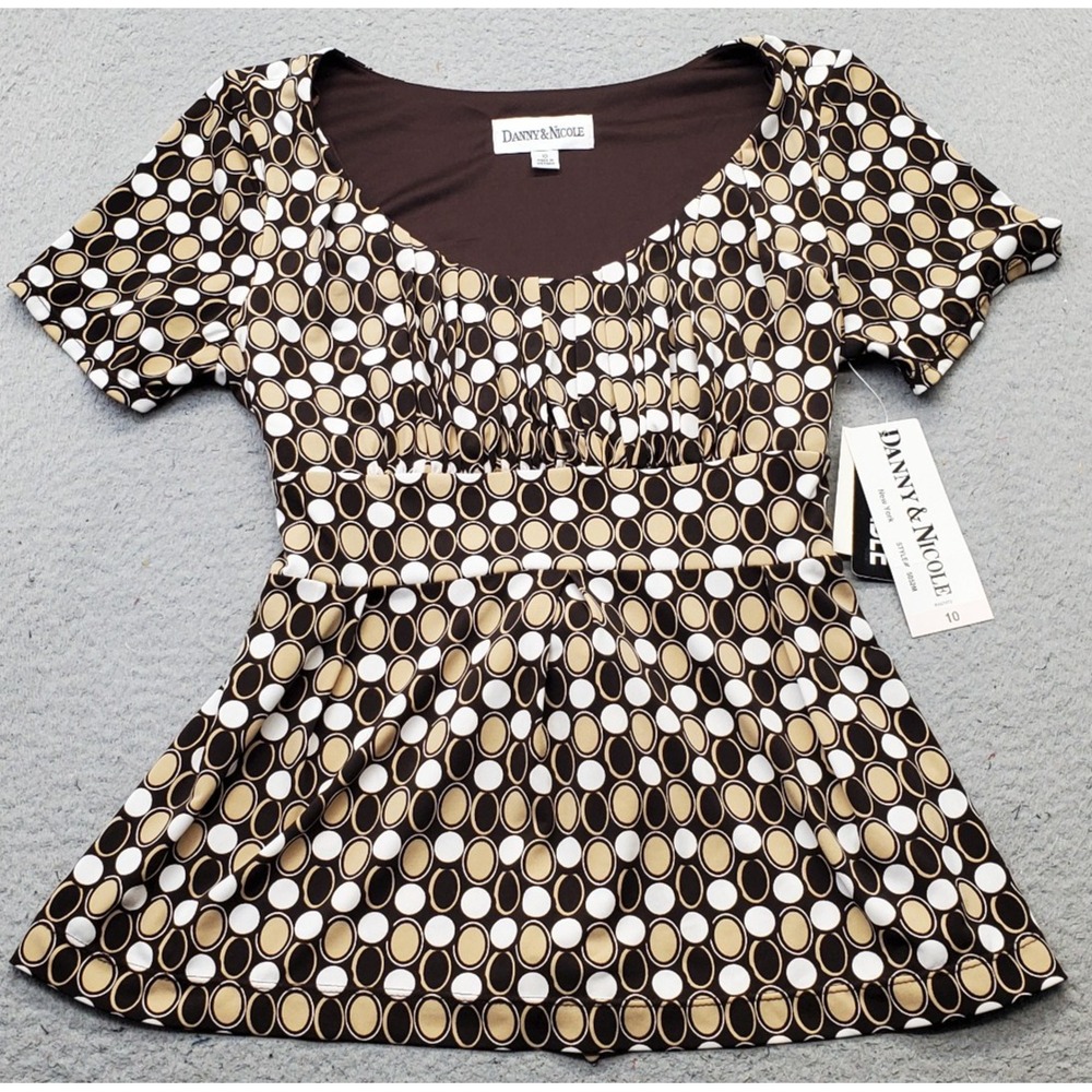 Danny & Nicole Blouse Top Womens 10 Multi Polka Dot Pleated Neck Tiered Waist